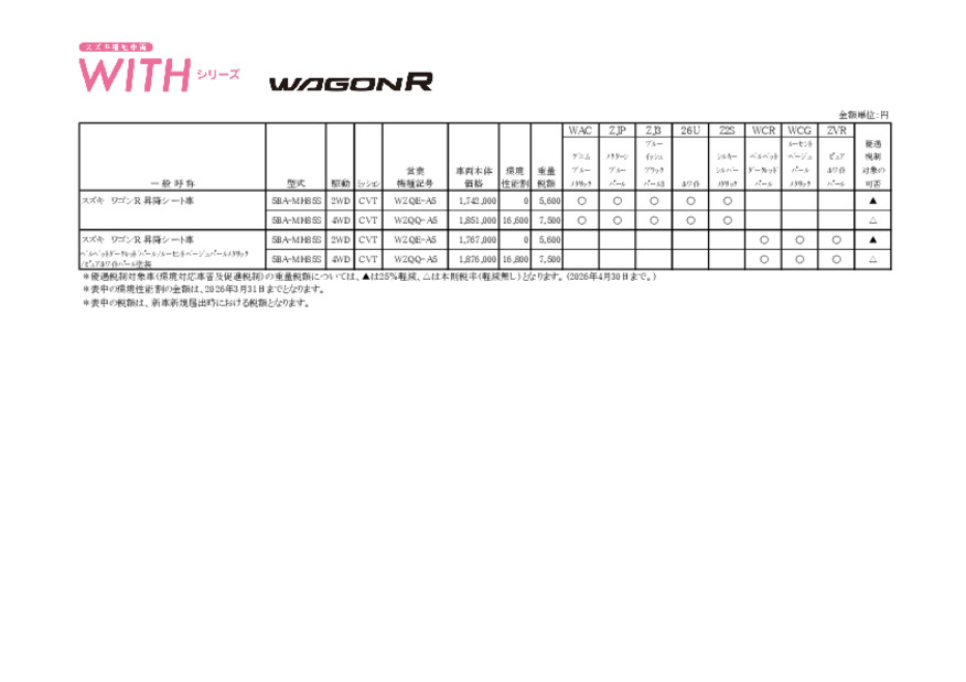 価格表　福祉車両車　WITHシリーズ